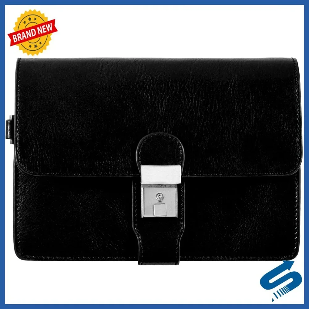 Italian Leather Briefcase Clutch with Wrist Strap, Multi-Pocket Organizer